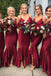 Burgundy Satin Sexy V-neck Spaghetti Straps Mermaid Lace Long Bridesmaid Dresses , BN1021