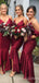 Burgundy Satin Sexy V-neck Spaghetti Straps Mermaid Lace Long Bridesmaid Dresses , BN1021