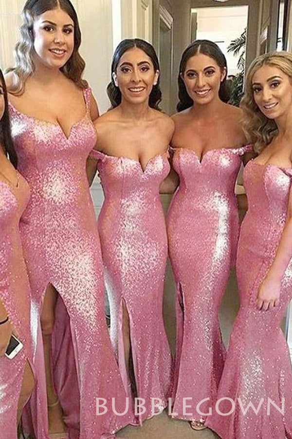 Off Shoulder Pink Sequin Mermaid Long Bridesmaid Dresses , BN1028