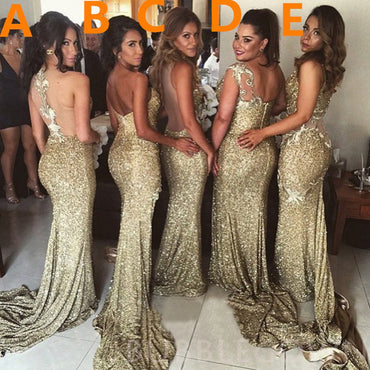 Mermaid Gold Sequin Sleeveless Long Bridesmaid Dresses , BN1034