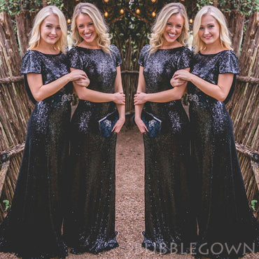 Black Sequin Column/Sheath Long Bridesmaid Dresses , BN1039