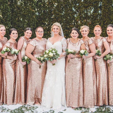 Gold Sequin Short Sleeves Long Mermaid Bridesmaid Dresses , BN1053