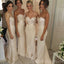 Mermaid Light Champagne Satin Beaded Long Strapless Bridesmaid Dresses , BN1056