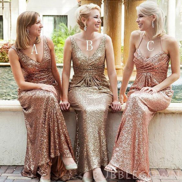 V-neck Sequin Long Mermaid Bridesmaid Dresses , BN1058