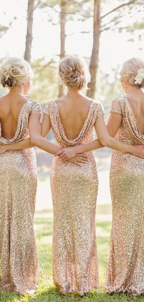 Gold Sequin Cap Sleeves Long Mermaid Bridesmaid Dresses , BN1059