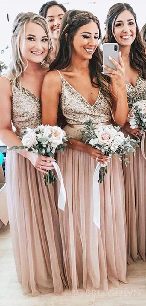 Spaghetti Straps A-line Pink Tulle Sequin Long Bridesmaid Dresses , BN1064