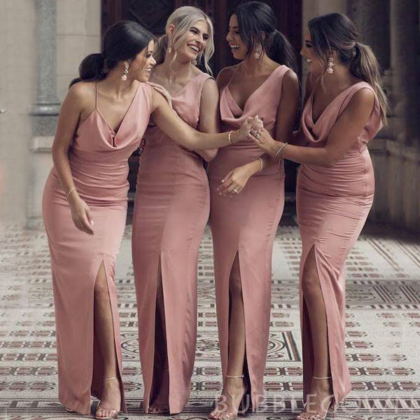 Mermaid Pink Satin Side Slit Long Bridesmaid Dresses , BN1065