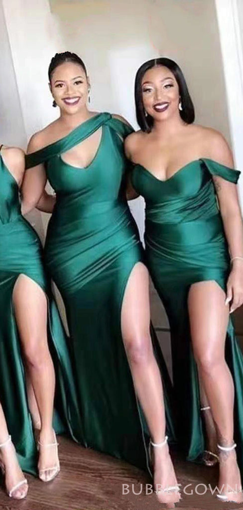 Emerald Satin Side Slit Long Mermaid Bridesmaid Dresses , BN1088