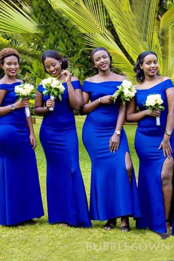 Off Shoulder Royal Blue Satin Long Mermaid Bridesmaid Dresses , BN1090