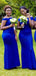 Off Shoulder Royal Blue Satin Long Mermaid Bridesmaid Dresses , BN1090