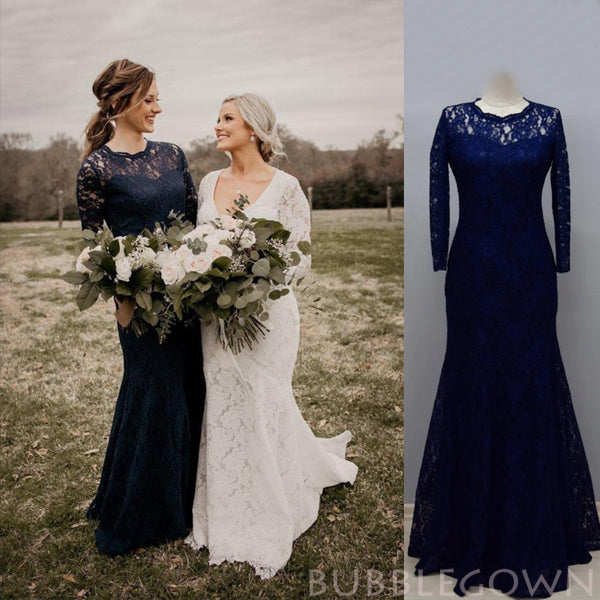 Long Sleeves Navy Blue Lace Long Mermaid Bridesmaid Dresses , BN1103