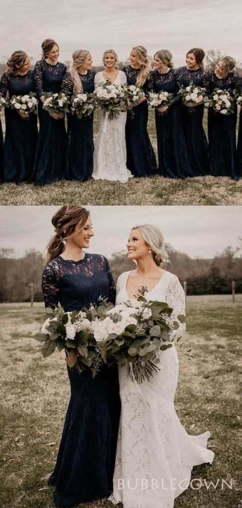 Long Sleeves Navy Blue Lace Long Mermaid Bridesmaid Dresses , BN1103