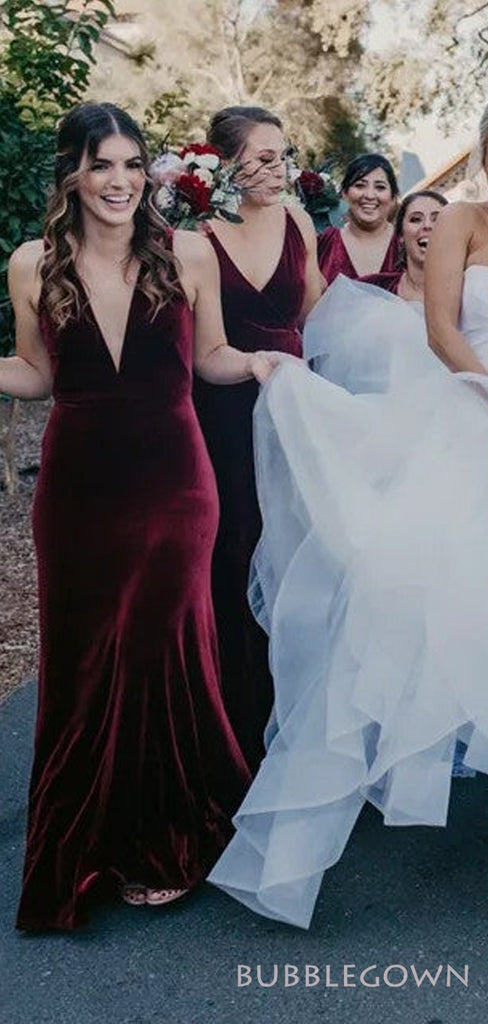 Burgundy Velvet V-neck Long Bridesmaid Dresses, BN1105