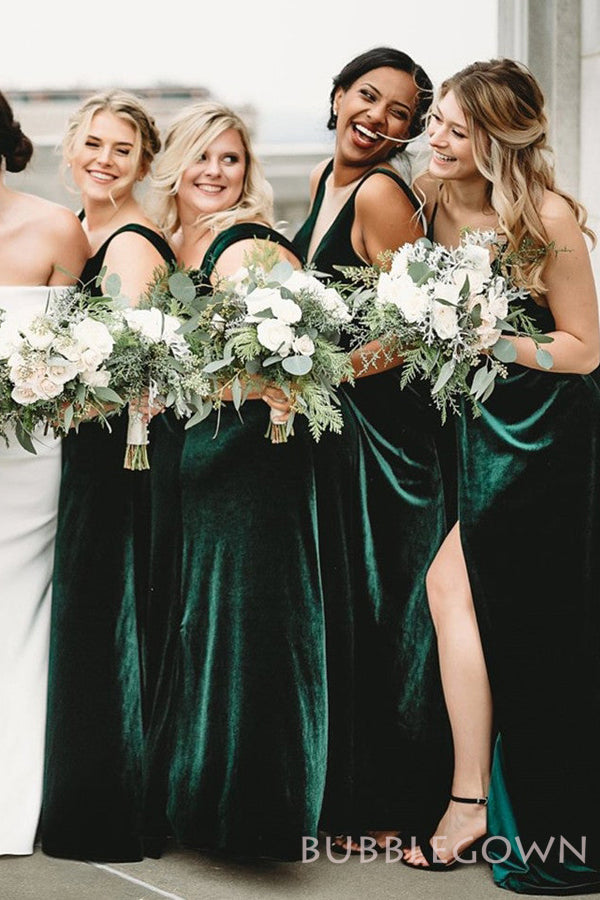 Column Spaghetti Straps Dark Green Velvet Long Bridesmaid Dresses, BN1109