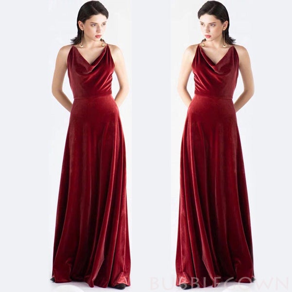 Spaghetti Straps Sheath/Column Velvet Cowl Neck Long Bridesmaid Dresses, BN1112