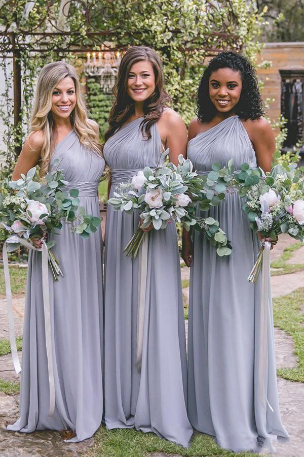 Simple One Shoulder Grey Chiffon A-line Long Custom Bridesmaid Dresses , BN1302