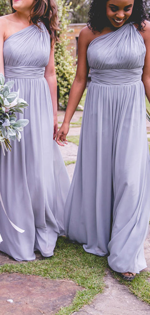 Simple One Shoulder Grey Chiffon A-line Long Custom Bridesmaid Dresses , BN1302