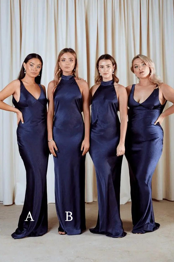 Mismatched Navy Blue Satin Long Custom Bridesmaid Dresses , BN1305