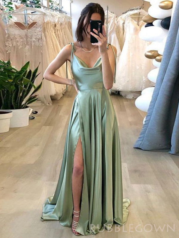 High Split Satin Adjustable Spaghetti Straps Formal Long Prom Dresses, MR7002