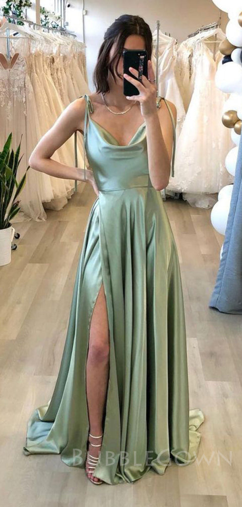 High Split Satin Adjustable Spaghetti Straps Formal Long Prom Dresses, MR7002