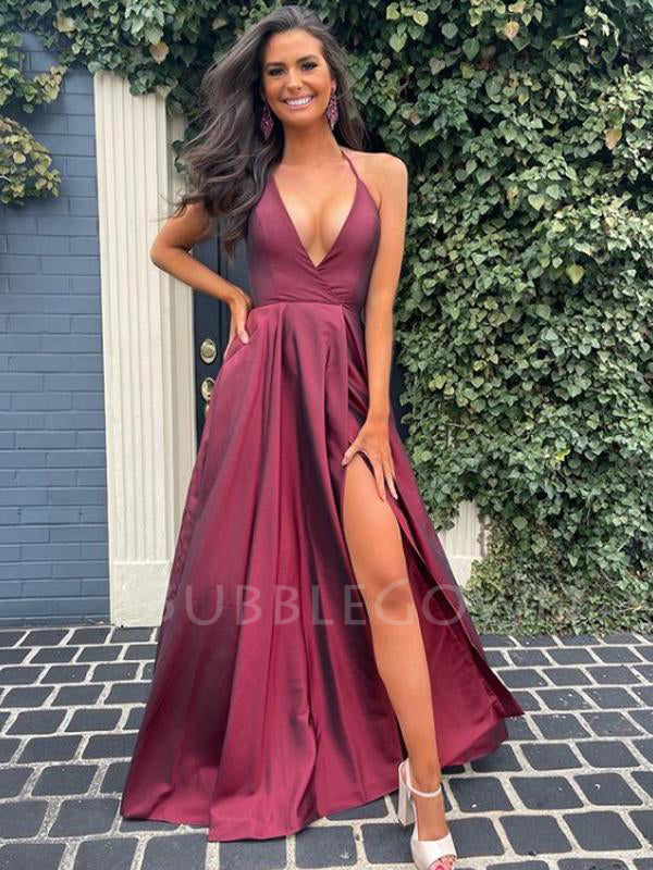 A-Line V Neck Open Back Burgundy evening Long Prom Dresses , MR7010