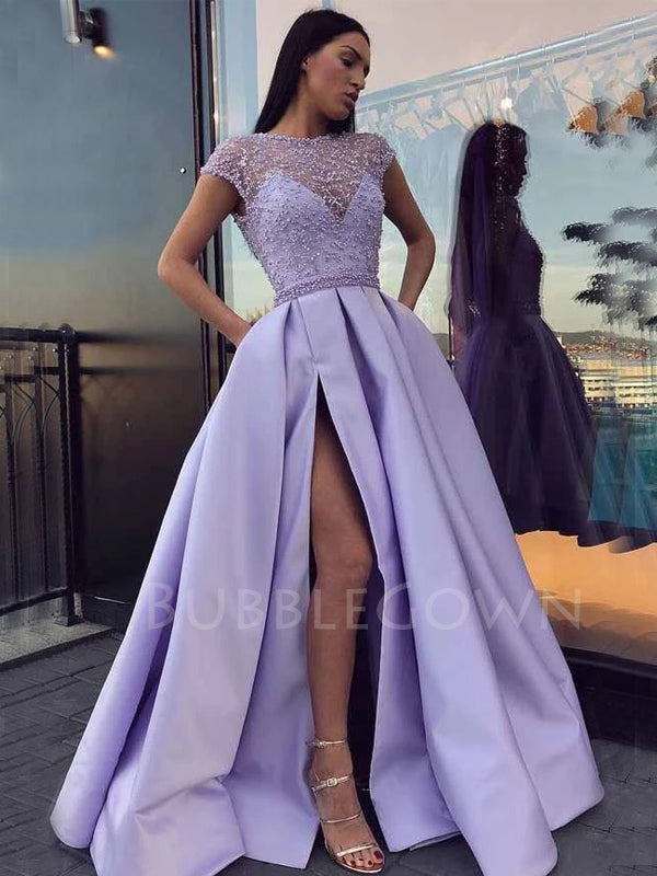 Light Purple Formal Satin Long Prom Dresses With Sleeves, MR7012