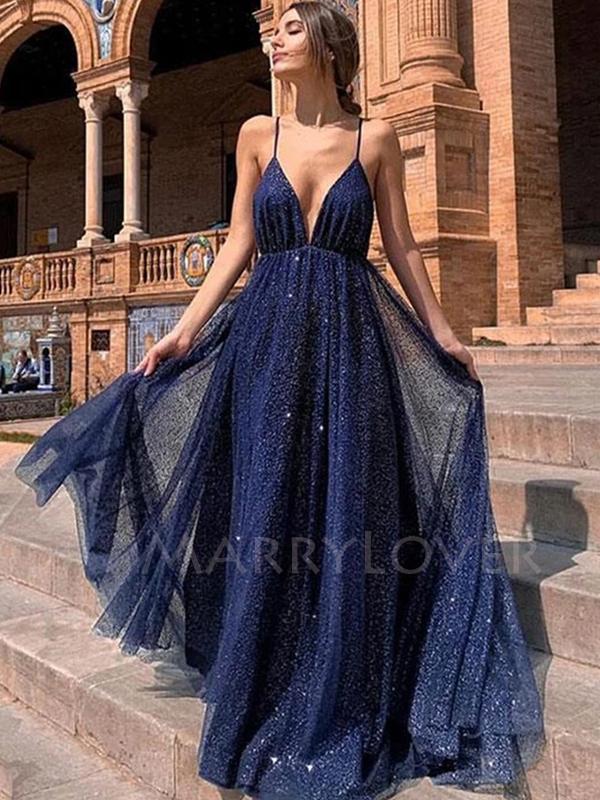 A-Line V Neck Sparkly Long Evening Prom Dresses, MR7030