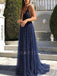 A-Line V Neck Sparkly Long Evening Prom Dresses, MR7030