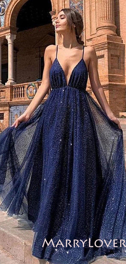 A-Line V Neck Sparkly Long Evening Prom Dresses, MR7030