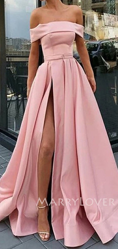 Off Shoulder Blue Side Slit Long Evening Prom Dresses, MR7039