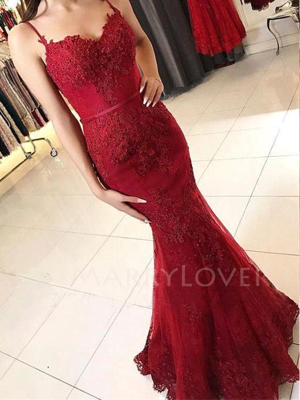 Sexy Backless V Neck Mermaid Lace Long Evening Prom Dresses, MR7047