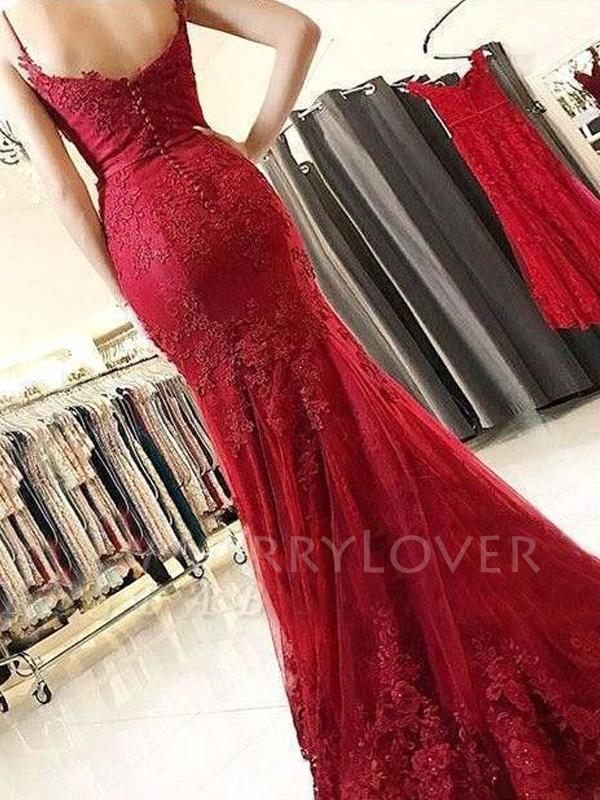 Sexy Backless V Neck Mermaid Lace Long Evening Prom Dresses, MR7047