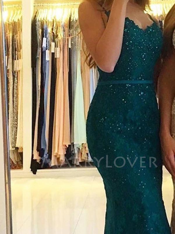 Sexy Backless V Neck Mermaid Lace Long Evening Prom Dresses, MR7047