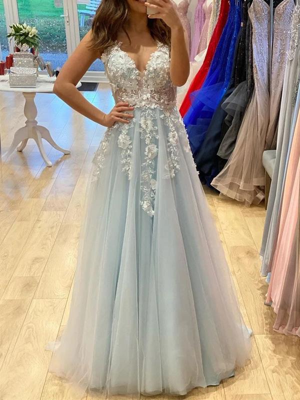 V-neck Lace Tulle Floor Length Long Evening Prom Dresses, MR7049