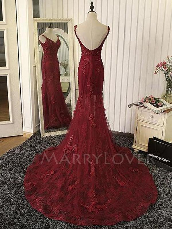 Sexy Mermaid Backless burgundy Lace Long Evening Prom Dresses, MR7058