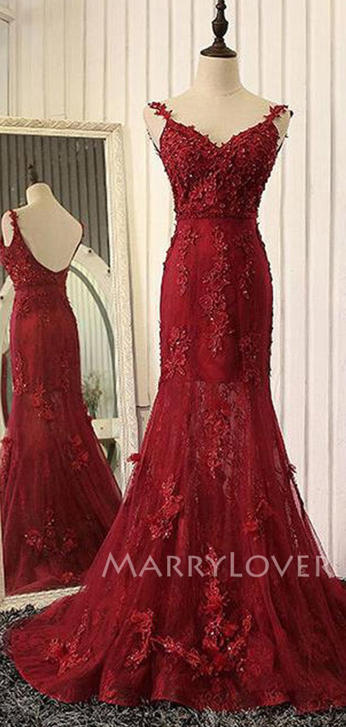 Sexy Mermaid Backless burgundy Lace Long Evening Prom Dresses, MR7058