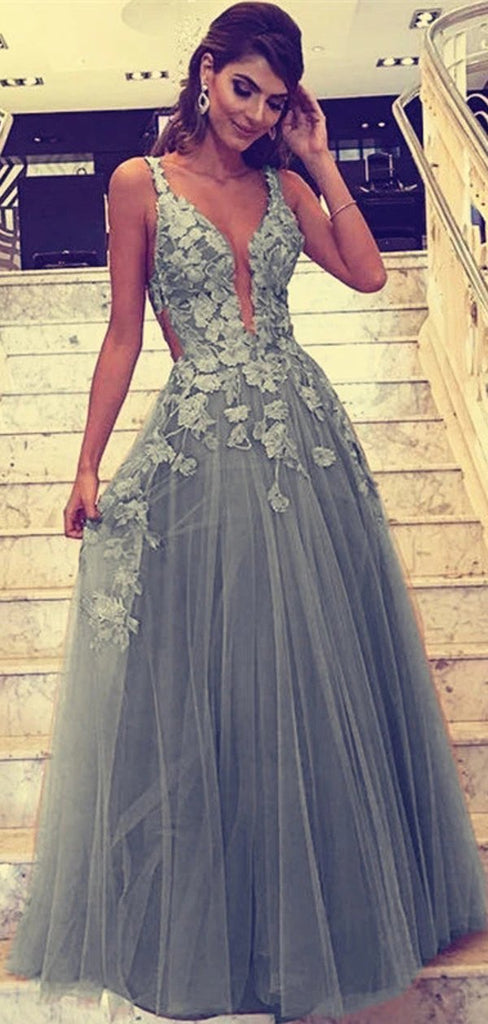 Lace Embroidery V-neck Tulle Floor Length A-line Long Evening Prom Dresses, MR7076