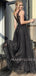 Sexy V-neck Tulle Floor Length A-line Black Long Evening Prom Dresses, MR7081