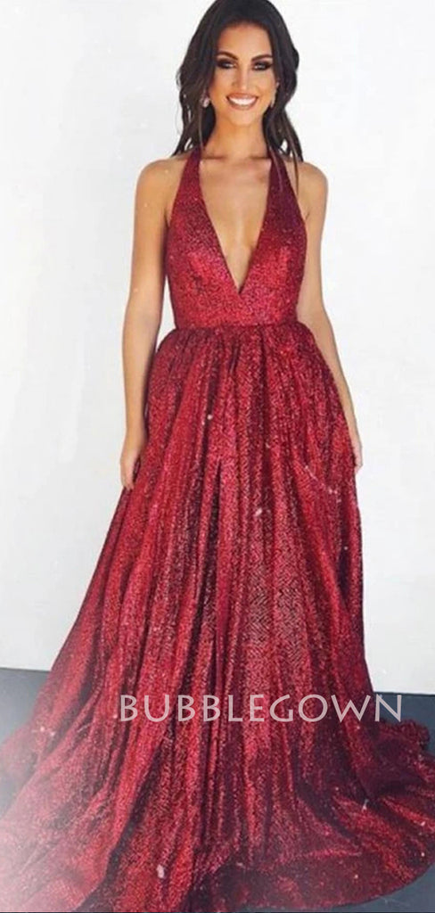 Sexy Deep V Neck Sparkle A-Line Long Evening Prom Dresses, MR7117