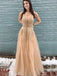 Deep V-neck Tulle Floor Length Lace A-line Long Evening Prom Dresses, MR7120