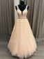 V-neck Tulle Floor Length Lace A-line Long Evening Prom Dresses, Cheap Prom Dress, MR7137