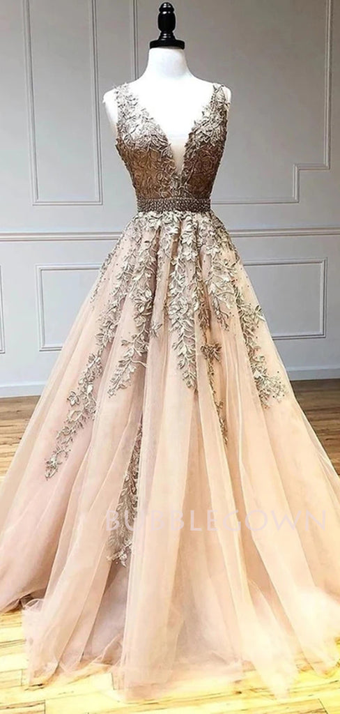 V Neck A-line Tulle Long Evening Prom Dresses, Evening Party Prom Dresses, MR7138