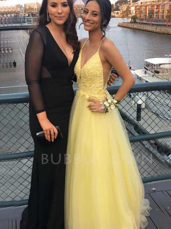 V-neck Lace Beaded A-line Yellow Long Evening Prom Dresses, MR7140