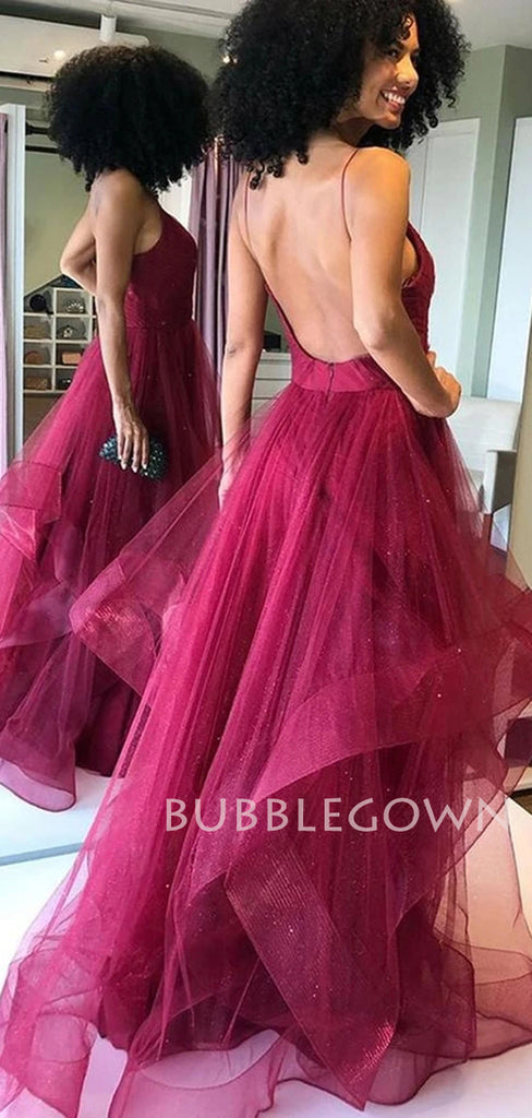 Sexy Backless Tulle A-line Burgundy Long Evening Prom Dresses, Cheap Custom Prom Dress, MR7158