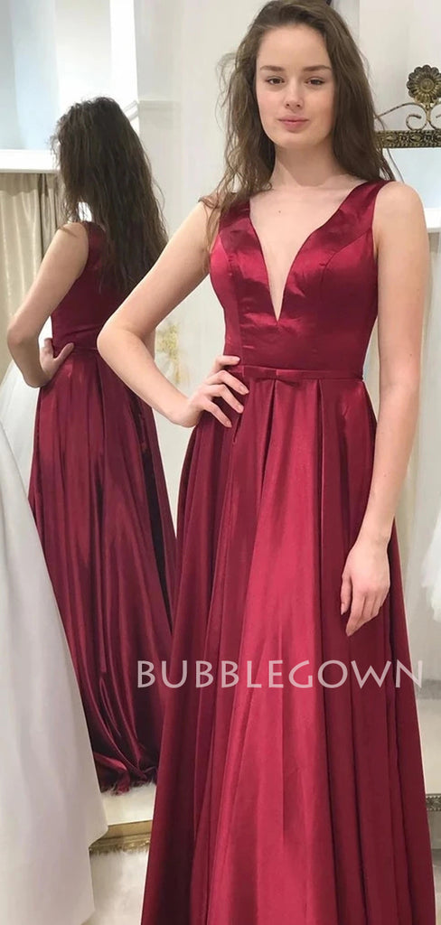 Sexy V Neck Burgundy A-Line Long Evening Prom Dresses, MR7161