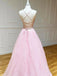 Spaghetti Straps A-Line Pink Backless Long V Neck Evening Prom Dresses, MR7062