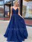 Dark Blue V Neck Backless Lace Tulle Long Evening Prom Dresses, Cheap Sweet Prom Dresses, MR7170