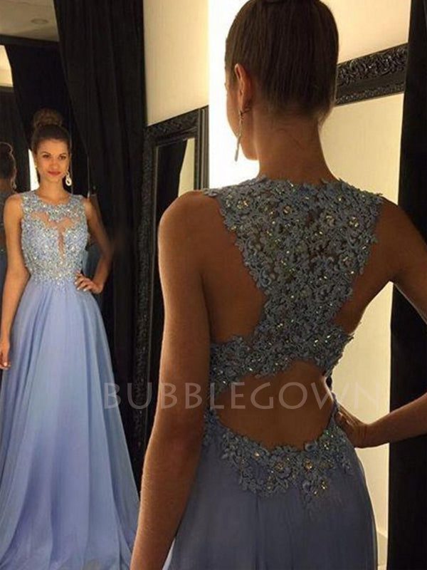 Dusty Blue Long Chiffon Evening Prom Dresses, Cheap Custom Sweet Prom Dresses, MR7179