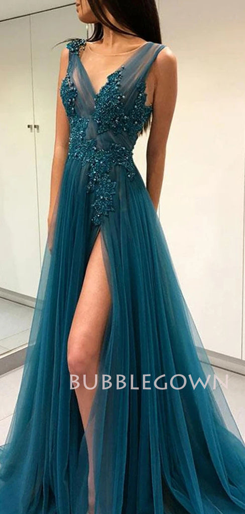 V Neck Beaded Dusty Blue Long Backless Evening Prom Dresses, Cheap Custom Prom Dresses, MR7182