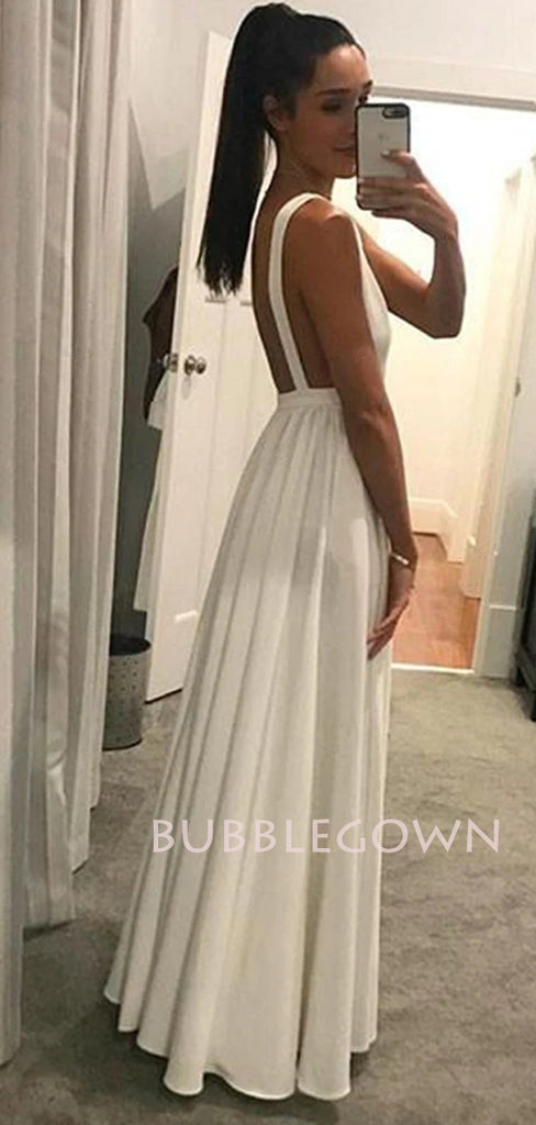 Simple Deep V Neck Backless White Chiffon Cheap Long Evening Prom Dresses, MR7185